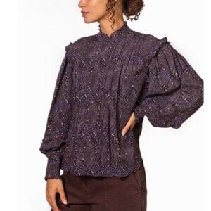Ulla Johnson Sigrid Blouse In Indigo Diamond Size 0 Boho Puff Sleeve NWOT